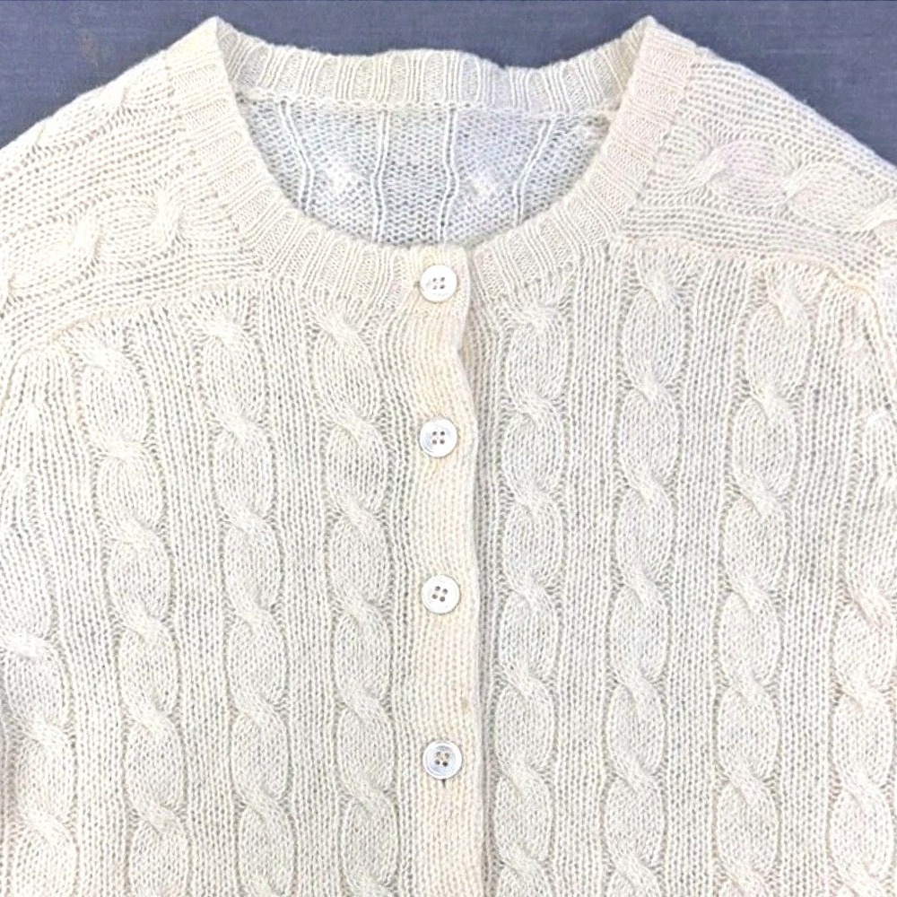 Vintage 60s Wool Cardigan Sweater Womens Medium Cream Cableknit Fisherman Preppy